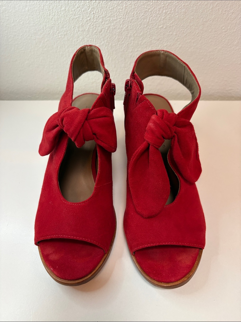 Bernardo Red Suede Bow Peep-Toe Sandals